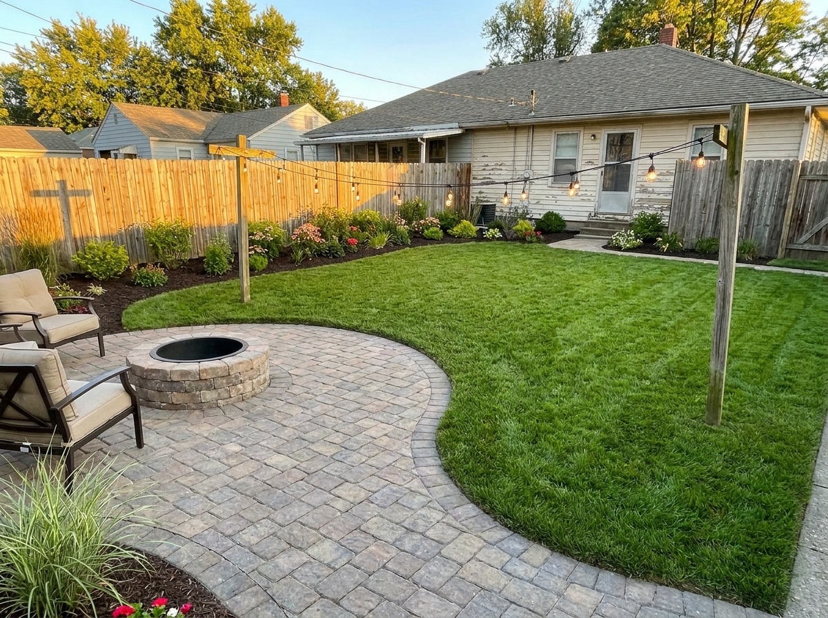 Paver patio with fire pit after backyard transformation